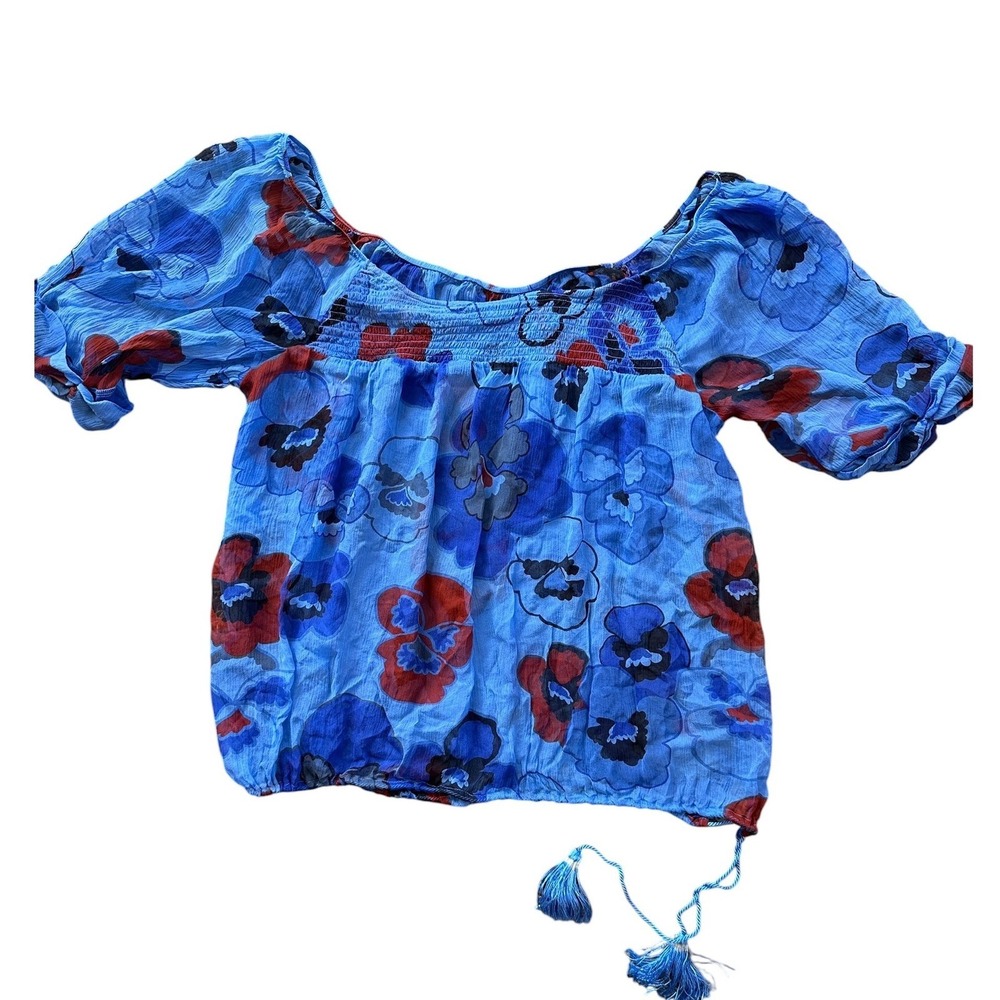 Fei Anthropologie Silk Floral Blouse Womens Size 6 Blue Red Excellent Boho Top